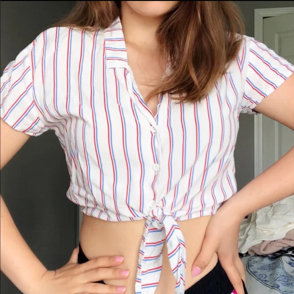 Garage red white blue tie crop top blouse